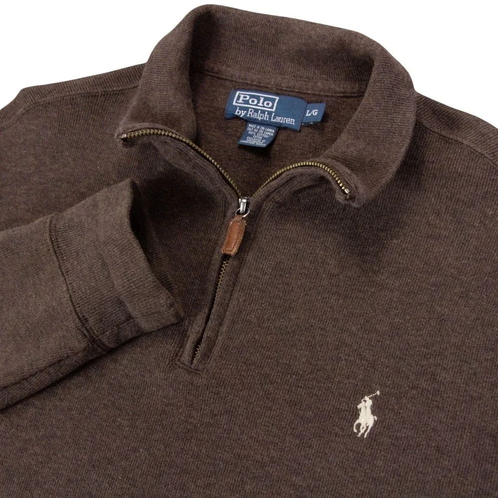 VTG Polo Ralph Lauren Mens Large Brown 1/4 Zip Pullover Sweater 100% Cotton Y2K